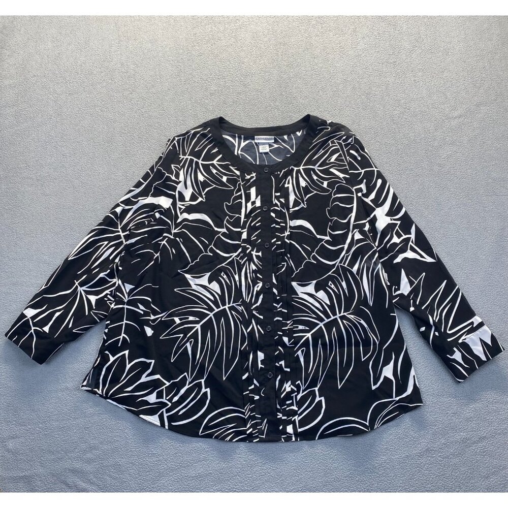 Catherines Top Womens 2X Black Floral Long Sleeve Button Front Plus Scoop Neck
